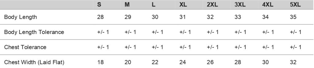 BCFLYGUYS Tee Shirt Sizing Chart